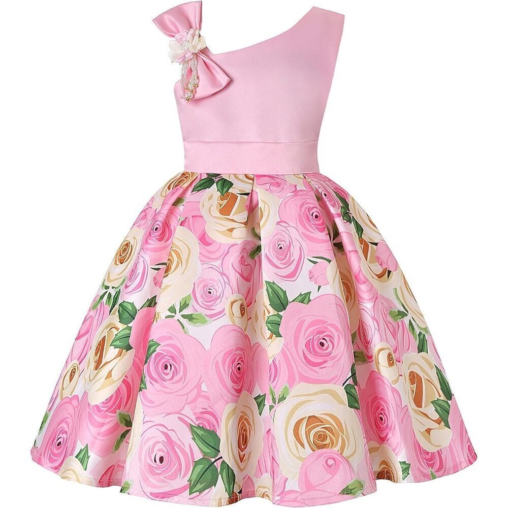 🆕Girls Pink Cotton Blend Flower Dress Sleeveless Off-Shoulder Beaded Bow 2-10Y